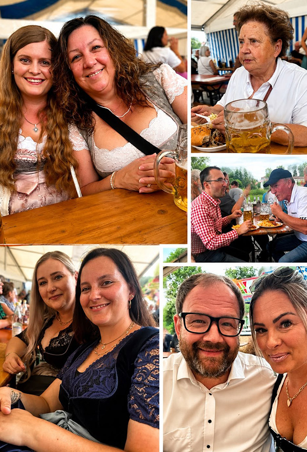 Collage mit Mitarbeitern beim gemeinsamen Volksfestabend in Schöllnach